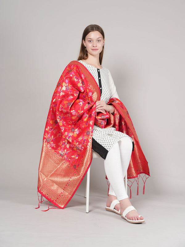 Red Paithani Silk Dupatta with Multicolour Floral Zari Weave (Size: 2.5x1 m Approx)