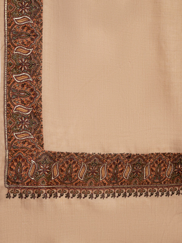 Woolen Women Shawl in Warm Beige with Intricate Traditional Embroidered Border (80 x 40 Inches)