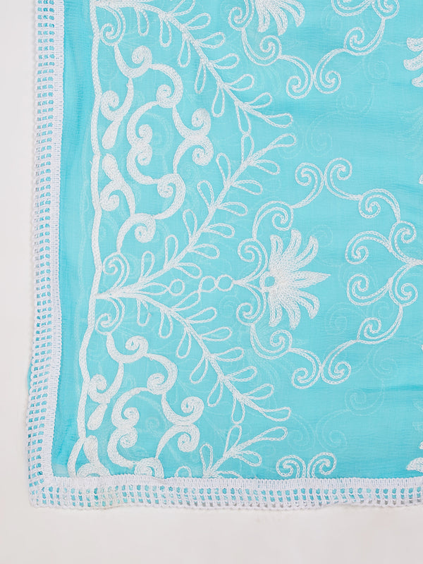Sky Blue Karachi Chiffon Dupatta with Elegant Thread Embroidery (Size: 2.5x1 m Approx)