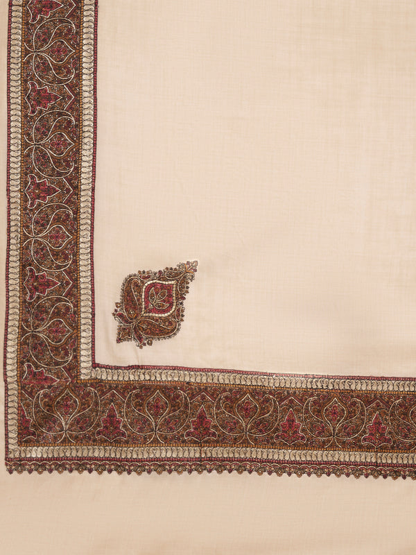Beige Woolen Women Shawl with Intricate Embroidered Detailing – Winter Wrap (80 x 40 Inches)