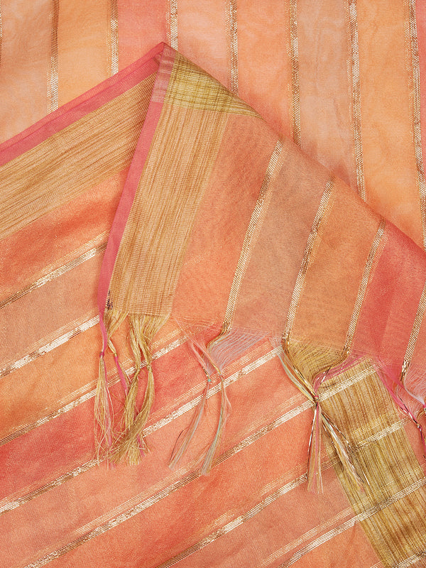 Peach Chanderi Silk Dupatta with Gold Zari Stripes (Size: 2.5x1 m Approx)