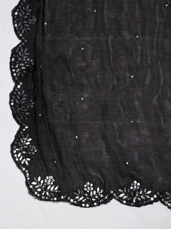Black Silk Dupatta with Scalloped Cutwork Border & Sequin Highlights (Size: 2.5x1 m Approx)