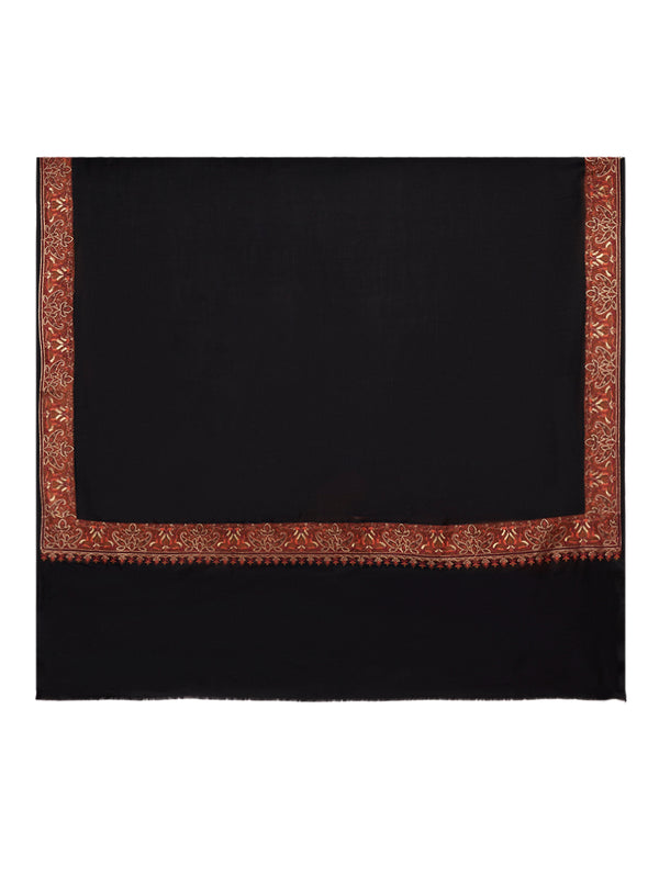 Black Woolen Women Shawl with Traditional Multicolour Embroidered Border (80 x 40 Inches)