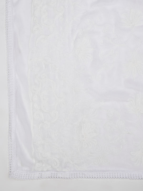 White Karachi Chiffon Dupatta with Elegant Thread Embroidery (Size: 2.5x1 m Approx)