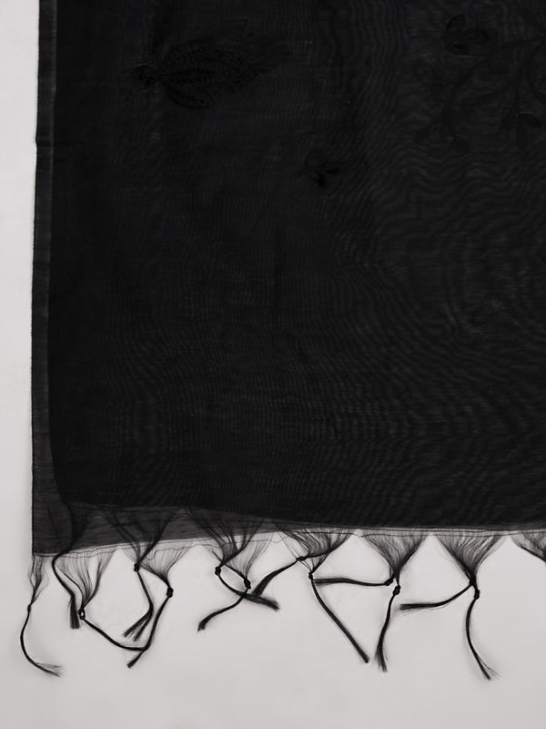 Black Chanderi Cotton Dupatta with Subtle Floral Embroidery (Size: 2.5x1 m Approx)