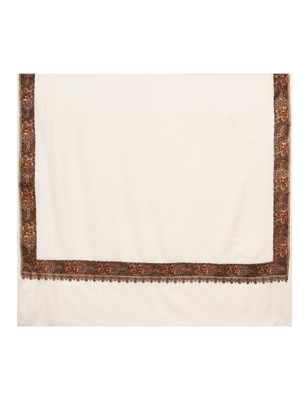 Woolen Women Shawl in White with Embroidered Traditional Border (80 x 40 Inches)