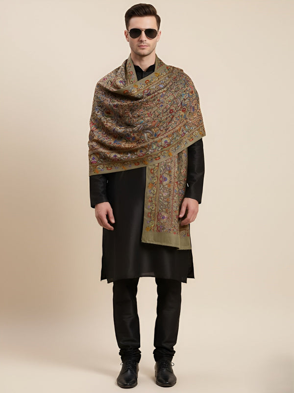 Bamboo Silk Bottle Green Kashmiri Mens Stole with Classic Paisley Weave | Elegant Ethnic Accessory | 80×28 Inches