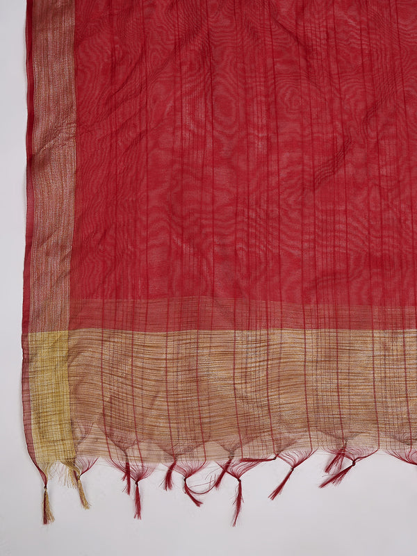 Maroon Chanderi Silk Dupatta with Gold Border & Tassels (Size: 2.5x1 m Approx)