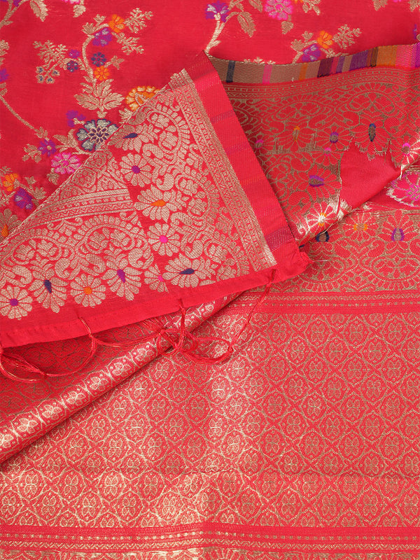 Red Paithani Silk Dupatta with Multicolour Floral Zari Weave (Size: 2.5x1 m Approx)