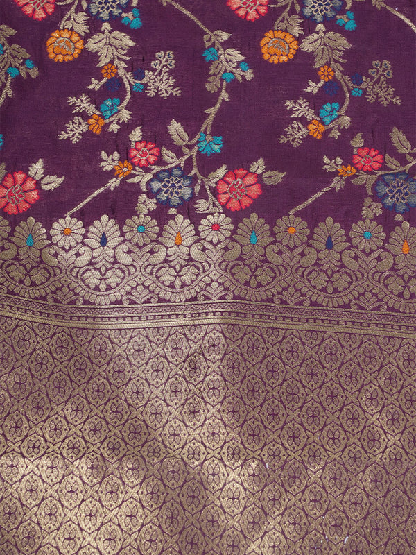 Purple Paithani Silk Dupatta with Multicolour Floral Zari Weave (Size: 2.5x1 m Approx)