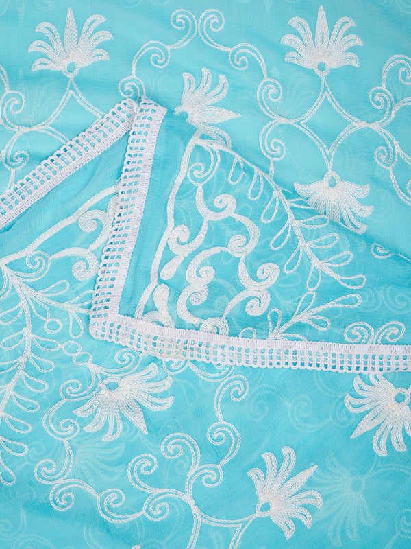 Sky Blue Karachi Chiffon Dupatta with Elegant Thread Embroidery (Size: 2.5x1 m Approx)