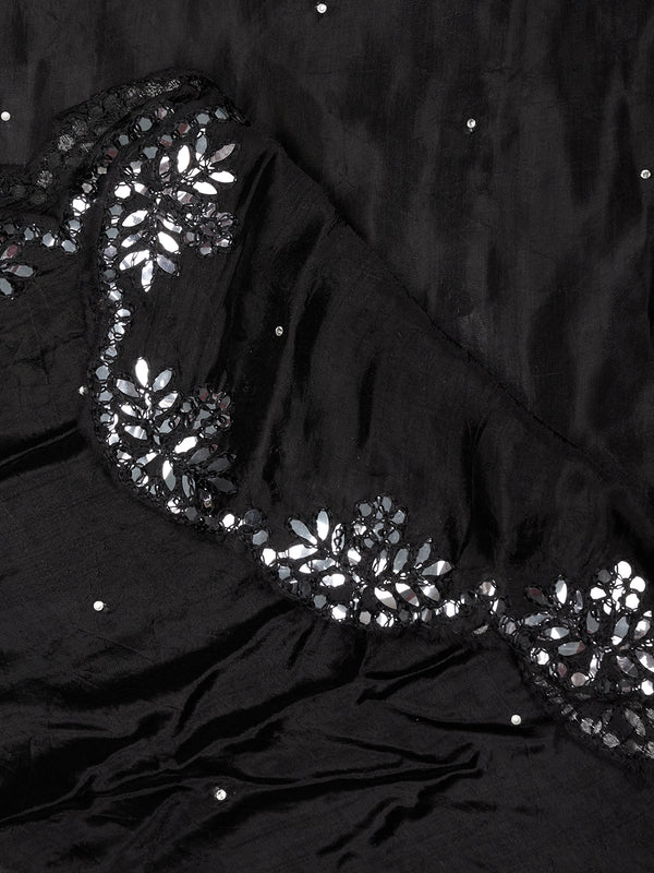 Black Silk Dupatta with Scalloped Cutwork Border & Sequin Highlights (Size: 2.5x1 m Approx)