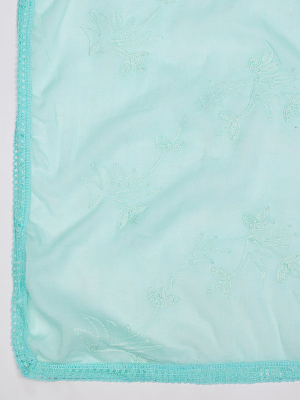 Soft Blue Dupatta with Cotton Thread Floral Embroidery & Lace Border (Size: 2.5x1 m Approx)