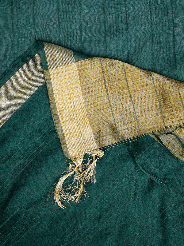 Bottle Green Chanderi Silk Dupatta with Gold Border & Tassels (Size: 2.5x1 m Approx)