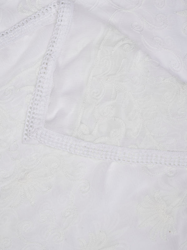White Karachi Chiffon Dupatta with Elegant Thread Embroidery (Size: 2.5x1 m Approx)