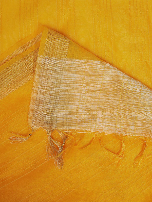 Yellow Chanderi Silk Dupatta with Gold Border & Tassels (Size: 2.5x1 m Approx)