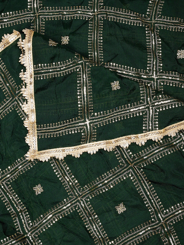 Bottle Green Chinon Dupatta with Gold Grid Embellishment (Size: 2.5x1 m Approx)