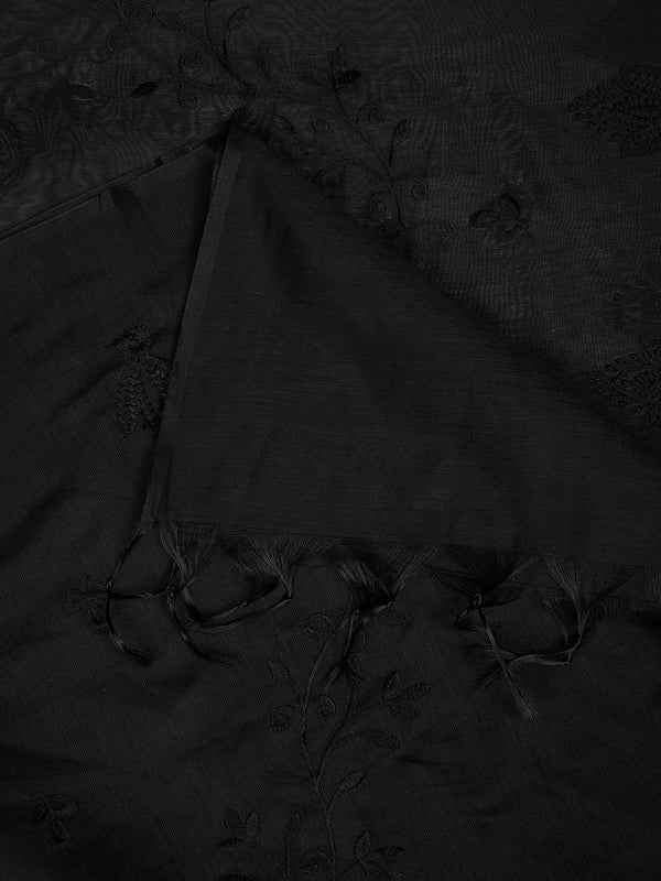 Black Chanderi Cotton Dupatta with Subtle Floral Embroidery (Size: 2.5x1 m Approx)