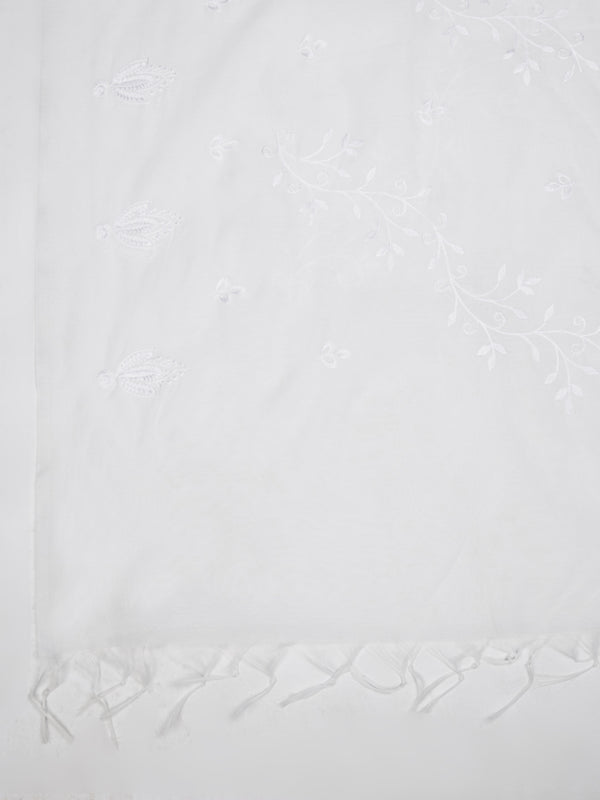 White Chanderi Cotton Dupatta with Subtle Floral Embroidery (Size: 2.5x1 m Approx)