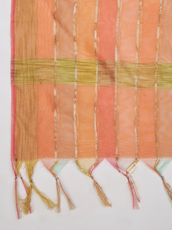 Peach Chanderi Silk Dupatta with Gold Zari Stripes (Size: 2.5x1 m Approx)