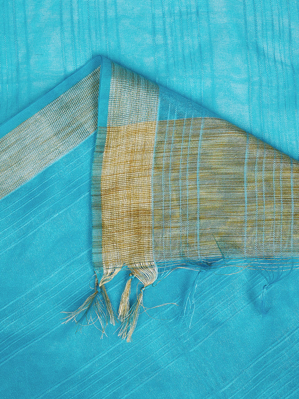 Aqua Chanderi Silk Dupatta with Gold Border & Tassels (Size: 2.5x1 m Approx)