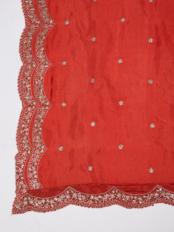 Red Chinon Dupatta with Scalloped Embroidered Border & Sequin Motifs (Size: 2.5x1 m Approx)