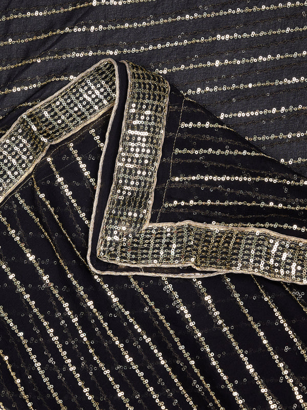 Black Chinon Dupatta with Gold Stripe Sequin Work & Gota Border (Size: 2.5x1 m Approx)