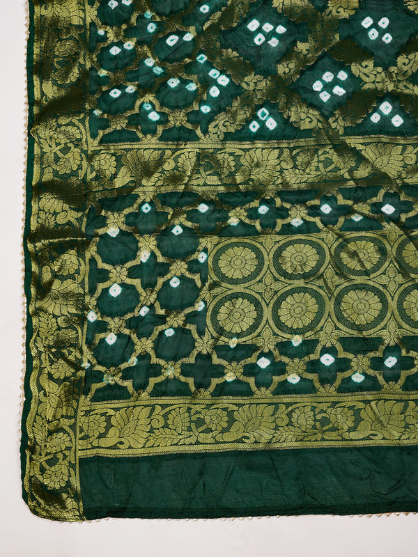 Green Silk Gharchola Bandhej Dupatta with Gold Zari Border (Size: 2.5x1 m Approx)
