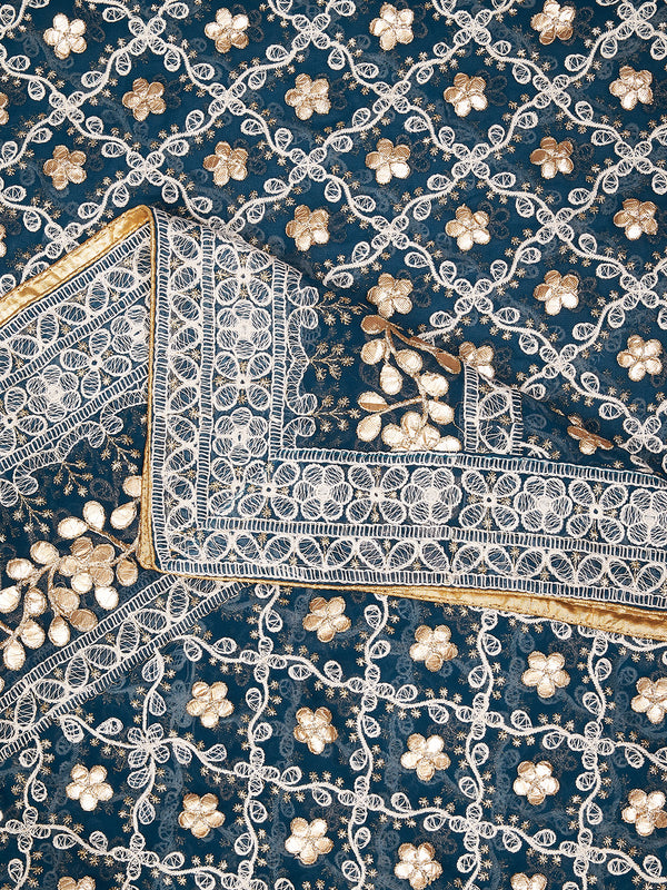 Bottle Green Georgette Dupatta with Gold Foil Booti & Lace Border (Size: 2.5x1 m Approx)