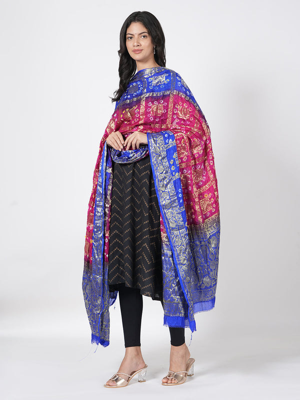 Bandhani Banarasi Gharchola Silk Dupatta in Pink & Royal Blue (Size: 2.5x1 m Approx)