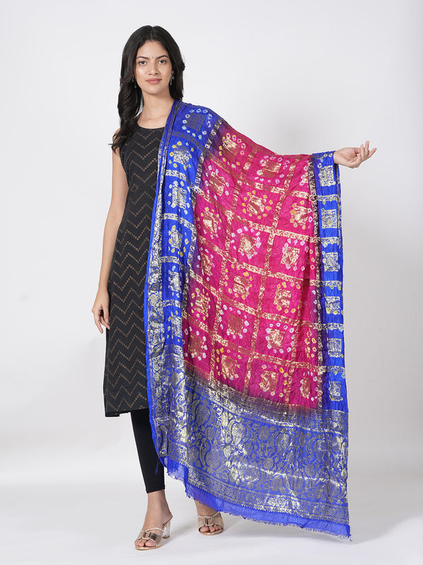Bandhani Banarasi Gharchola Silk Dupatta in Pink & Royal Blue (Size: 2.5x1 m Approx)