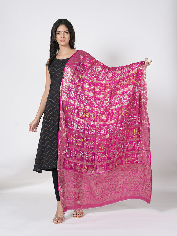 Rani Bandhani Banarasi Gharchola Silk Dupatta with Zari Border (Size: 2.5x1 m Approx)