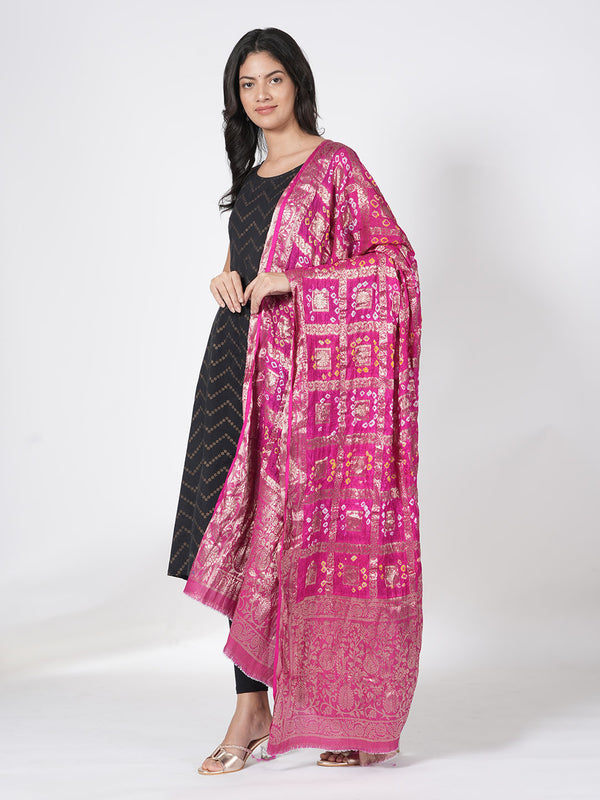 Rani Bandhani Banarasi Gharchola Silk Dupatta with Zari Border (Size: 2.5x1 m Approx)