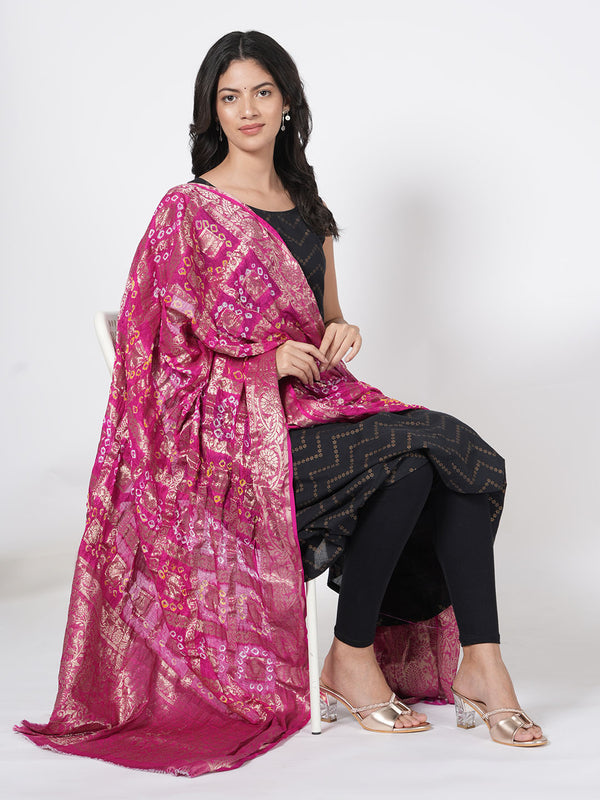 Rani Bandhani Banarasi Gharchola Silk Dupatta with Zari Border (Size: 2.5x1 m Approx)
