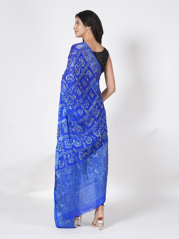 Blue Bandhani Banarasi Gharchola Silk Dupatta with Zari Border (Size: 2.5x1 m Approx)