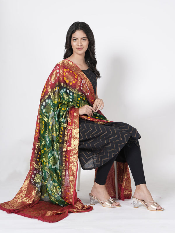 Bandhani Banarasi Gharchola Silk Dupatta in Green & Maroon (Size: 2.5x1 m Approx)