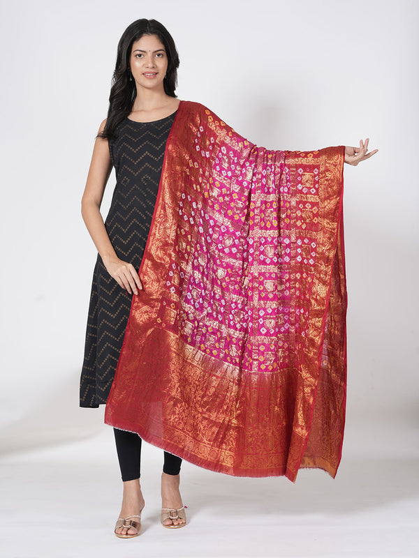 Bandhani Banarasi Gharchola Silk Dupatta in Pink & Red (Size: 2.5x1 m Approx)