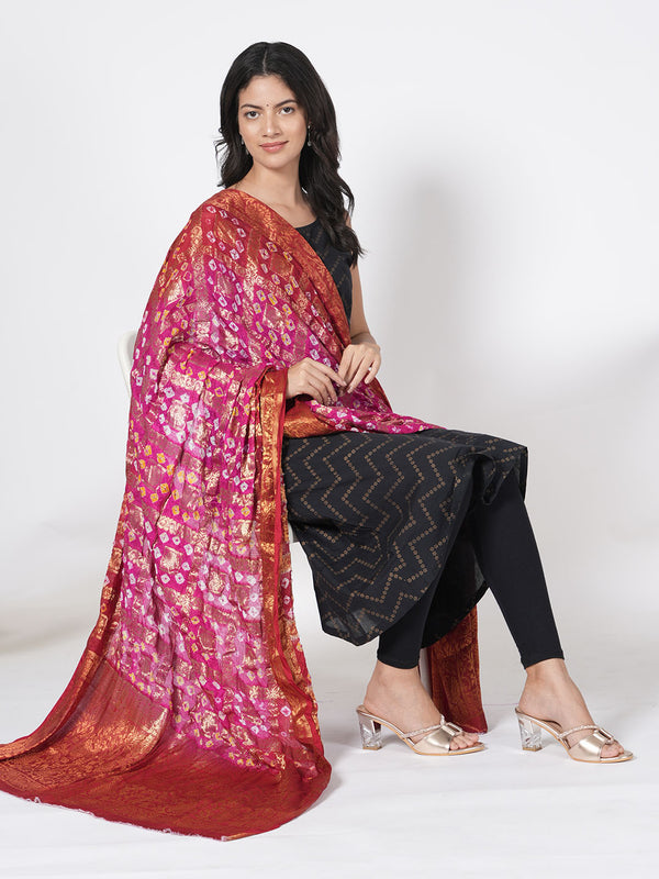 Bandhani Banarasi Gharchola Silk Dupatta in Pink & Red (Size: 2.5x1 m Approx)