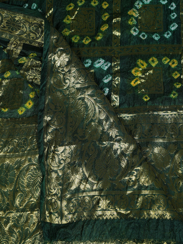 Bottle Green Bandhani Banarasi Gharchola Silk Dupatta with Zari Border (Size: 2.5x1 m Approx)