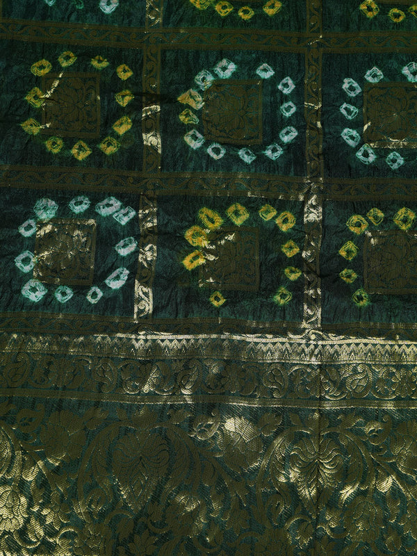 Bottle Green Bandhani Banarasi Gharchola Silk Dupatta with Zari Border (Size: 2.5x1 m Approx)