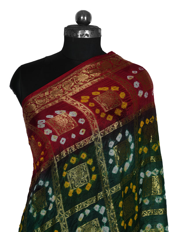 Bandhani Banarasi Gharchola Silk Dupatta in Green & Maroon (Size: 2.5x1 m Approx)