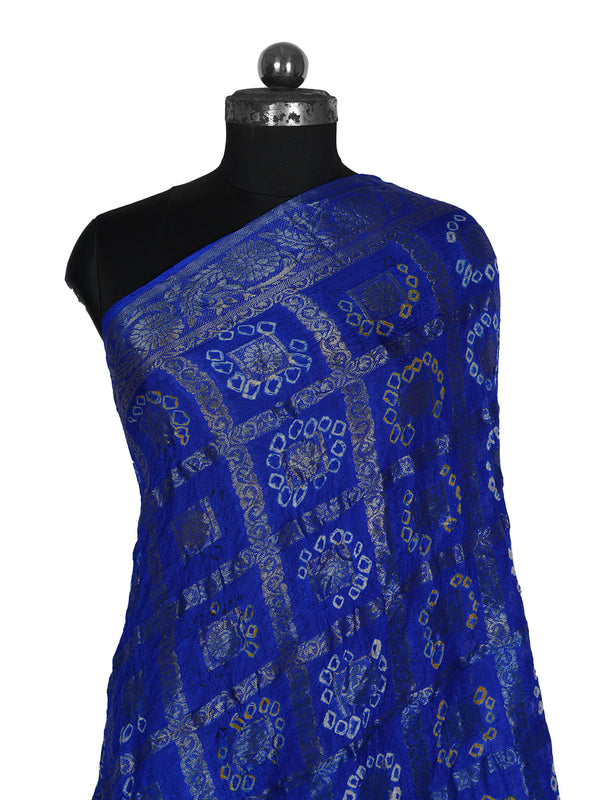 Blue Bandhani Banarasi Gharchola Silk Dupatta with Zari Border (Size: 2.5x1 m Approx)
