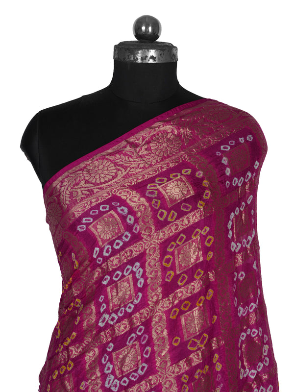 Rani Bandhani Banarasi Gharchola Silk Dupatta with Zari Border (Size: 2.5x1 m Approx)