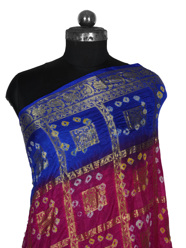 Bandhani Banarasi Gharchola Silk Dupatta in Pink & Royal Blue (Size: 2.5x1 m Approx)