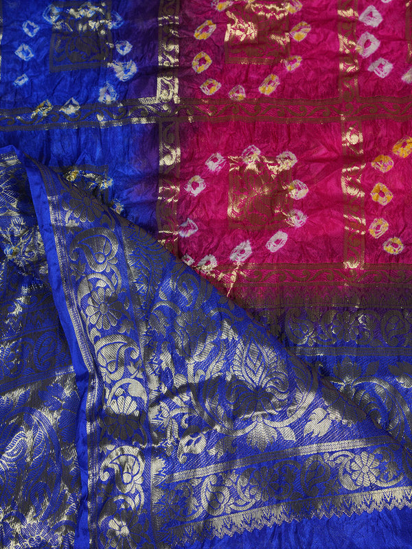 Bandhani Banarasi Gharchola Silk Dupatta in Pink & Royal Blue (Size: 2.5x1 m Approx)