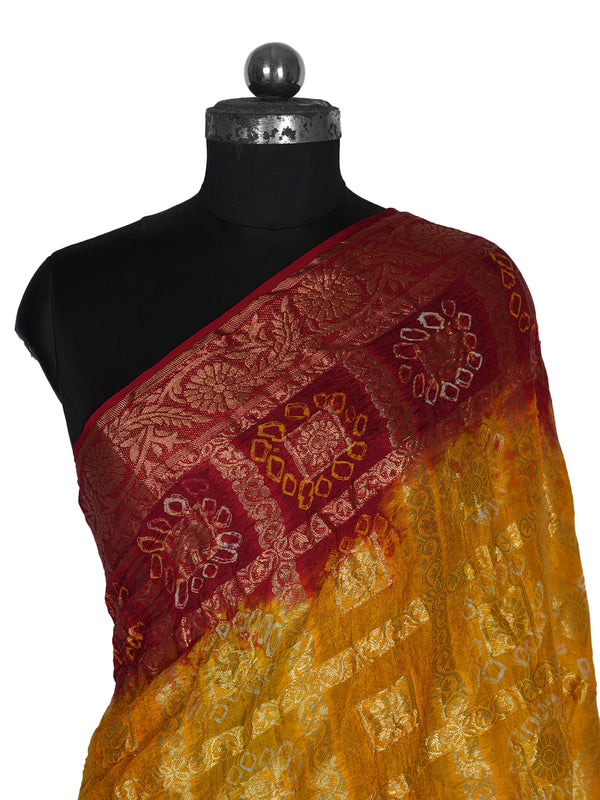 Bandhani Banarasi Gharchola Silk Dupatta in Yellow & Maroon (Size: 2.5x1 m Approx)