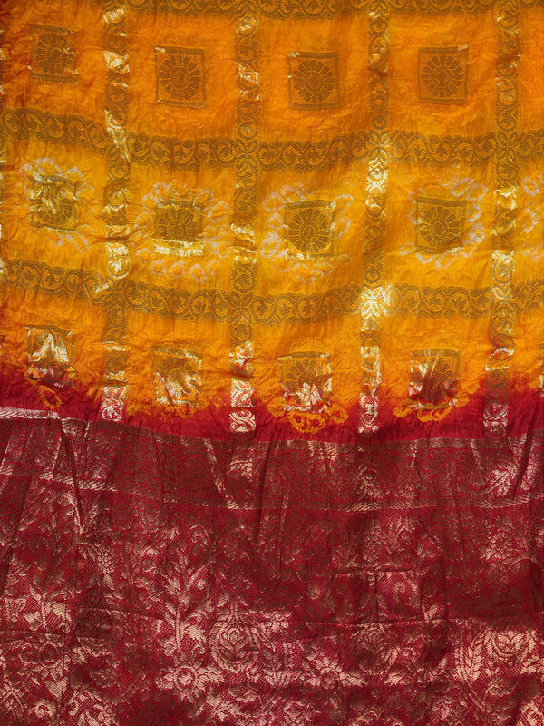 Bandhani Banarasi Gharchola Silk Dupatta in Yellow & Maroon (Size: 2.5x1 m Approx)