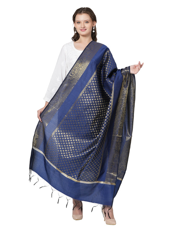 Blue Banarasi Silk Dupatta with Woven Gold Zari Butti & Ornate Border (Size: 2.5x1 m Approx)