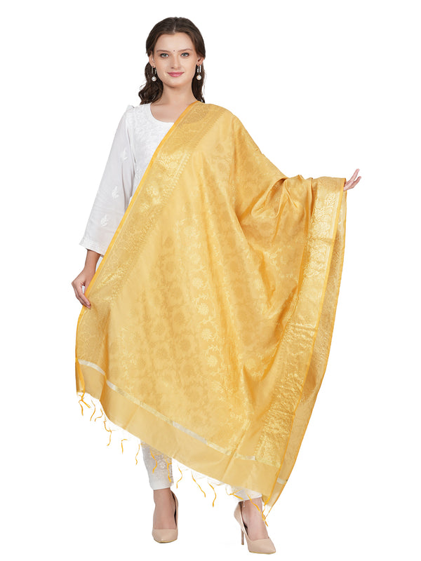 Cream Banarasi Silk Dupatta with All-Over Woven Floral Motifs & Rich Zari Border (Size: 2.5x1 m Approx)