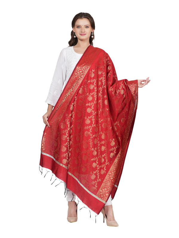 Maroon Banarasi Silk Dupatta with All-Over Woven Floral Motifs & Rich Zari Border (Size: 2.5x1 m Approx)